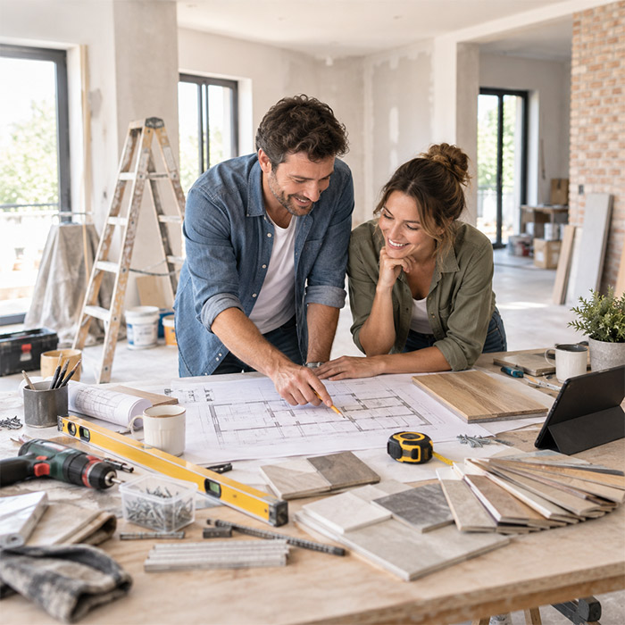 Couple en plein chantier de rénovation financé par un prêt travaux au Luxembourg avec Prêts.lu