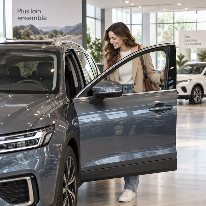 Jeune femme en concession devant une voiture neuve financée avec Prêts.lu au Luxembourg